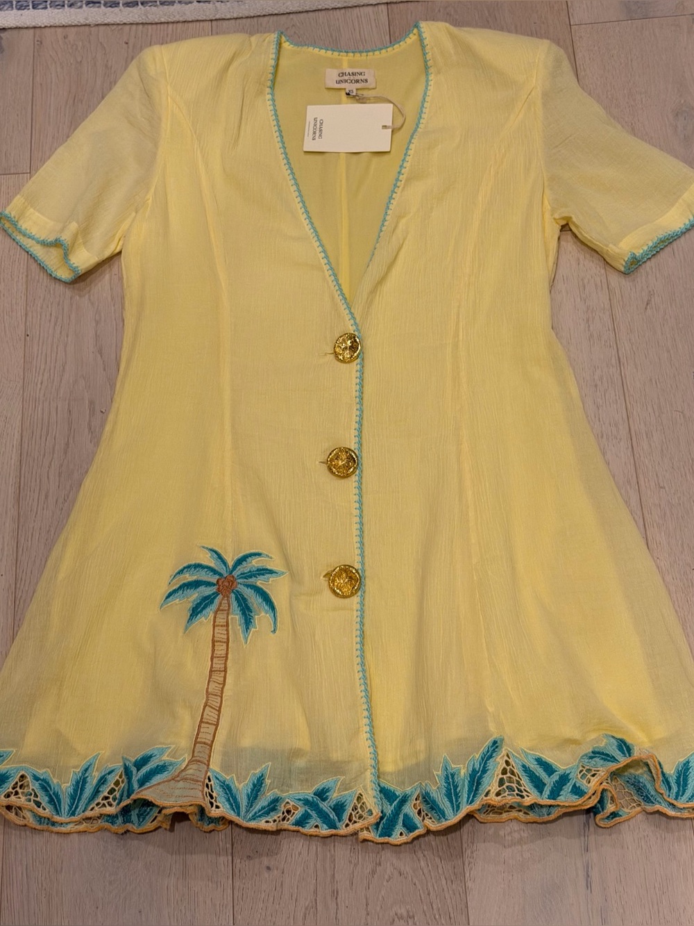 Chasing Unicorns Yellow Mini Dress with Turquoise Embroidery BNWT XS - Picture 4 of 16